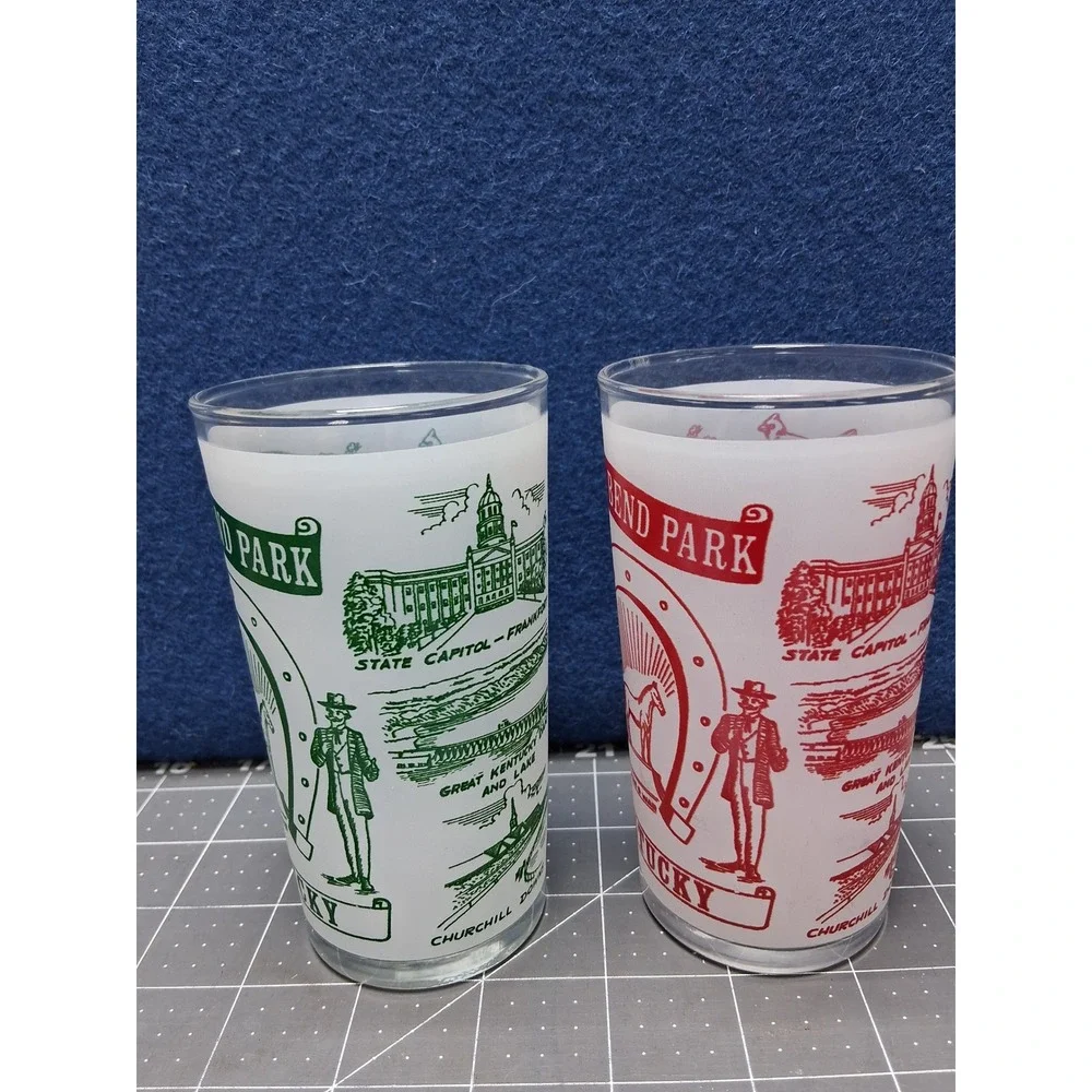 Beech Bend Park Kentucky Souvenir Frosted Glasses Red Green Set of 2
